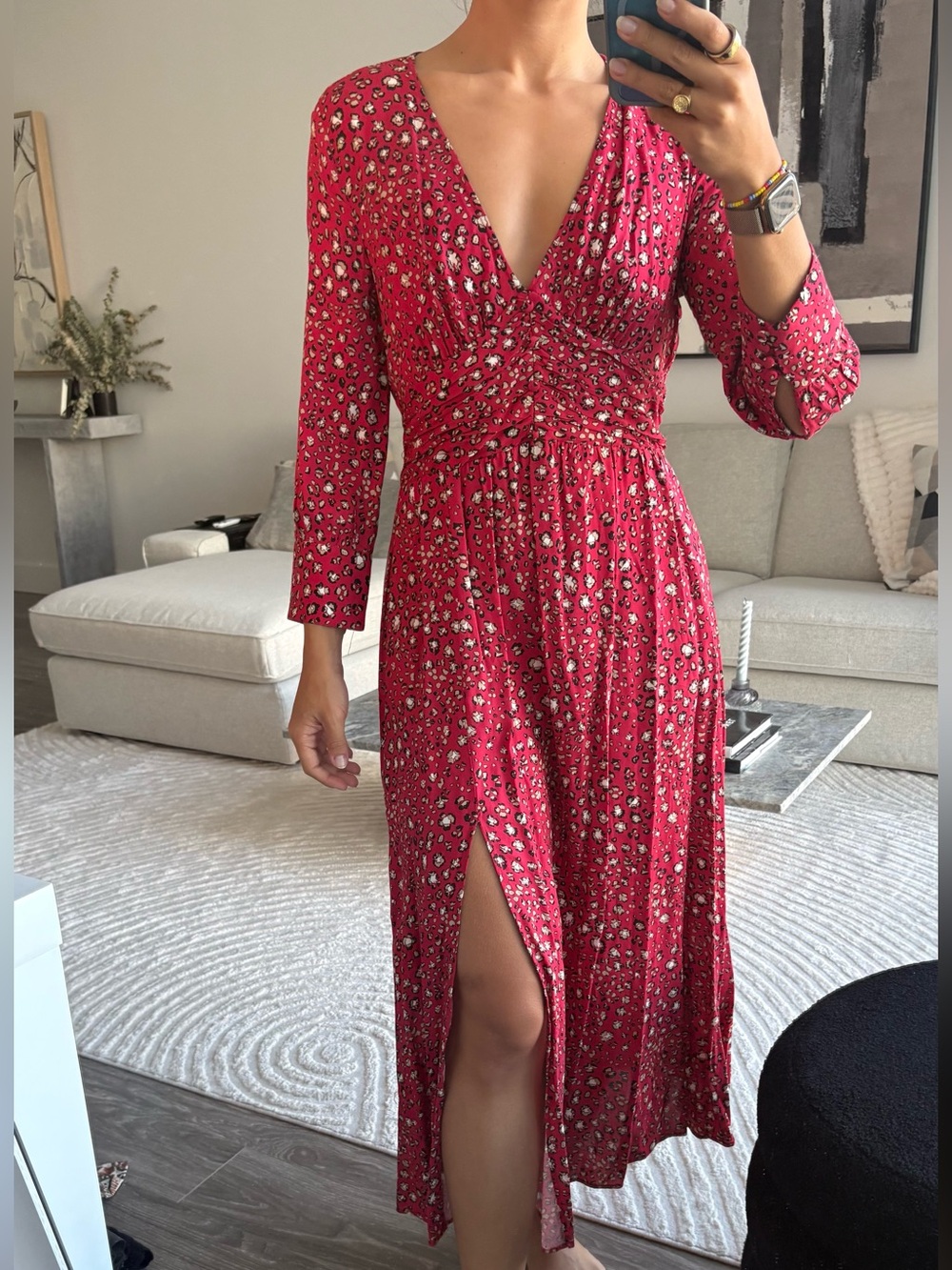 Zara Red Floral V-Neck Midi Dress with Front Slit